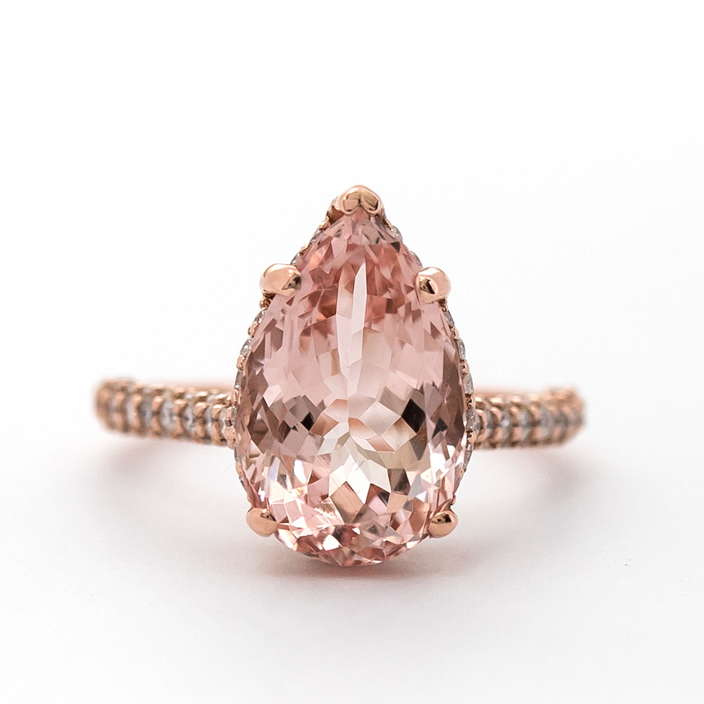 PRE-Pear Shape Pink Morganite Ring with Double Side Halo - Christine K Jewelry
