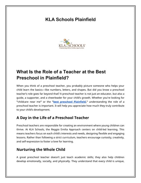 What Is the Role of a Teacher at the Best Preschool in Plainfield? | PDF