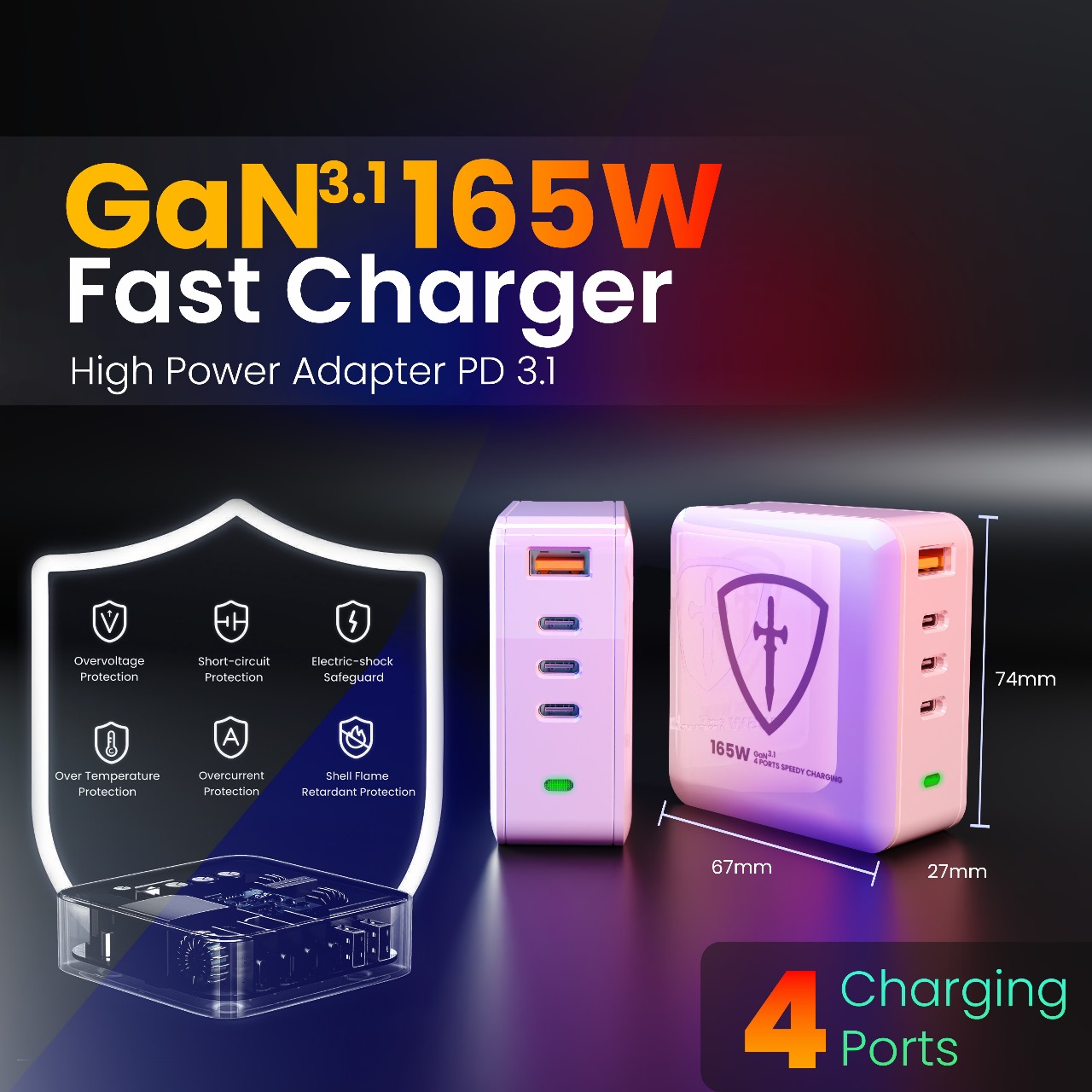 165W GaN Charger, PD3.1, 4 Port, 3 Type-C (140W Output) and 1 Type-A (22.5W Output), India/EU/US Plugs, Compatible with MacBook Pro/Air, iPhones & iPad, Samsung, HP, Dell, One+, Lenovo & More - Tiitan