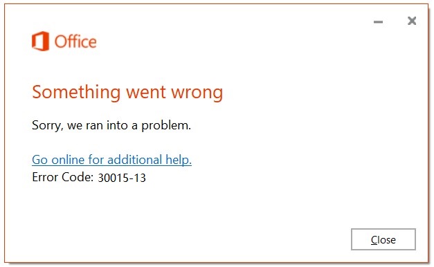 Error code 30015-13 in Microsoft office follows with 30015-4-3