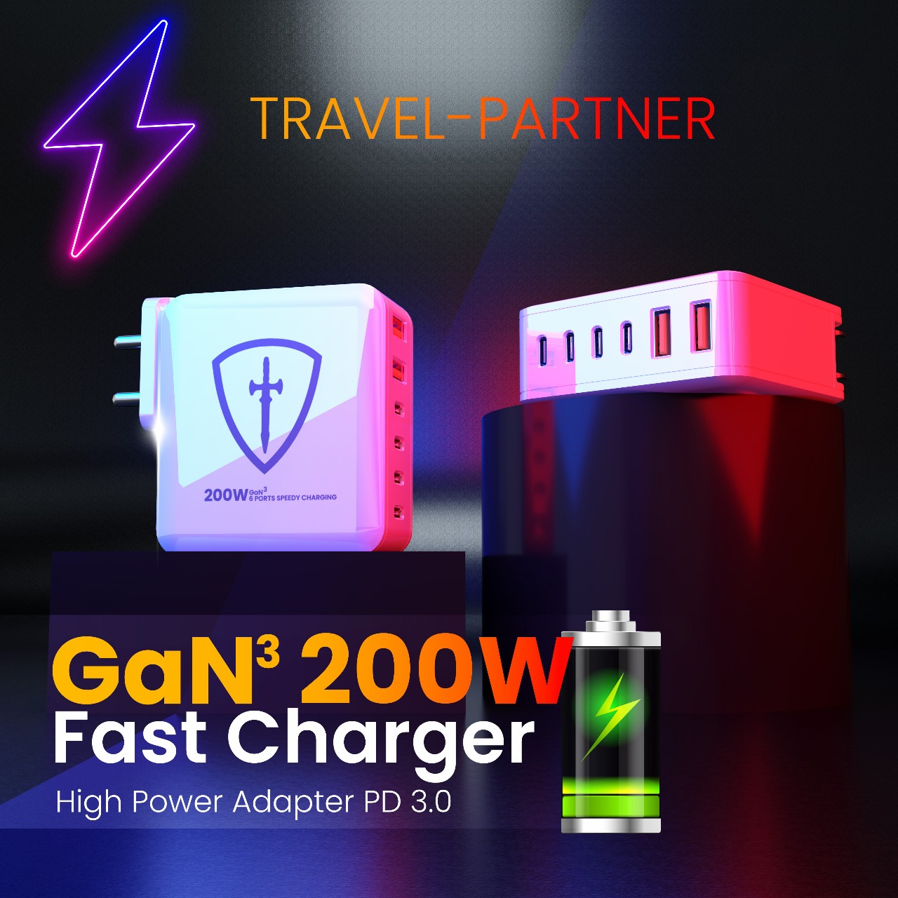 200W GaN Charger, PD3.0, 6 Port 4 Type-C (100W Output) and 2 Type-A (30W Output), India/EU/US Plugs, Compatible with MacBook Pro/Air, iPhones & iPad, Samsung, HP, Dell, One+, Lenevo & More.. - Tiitan
