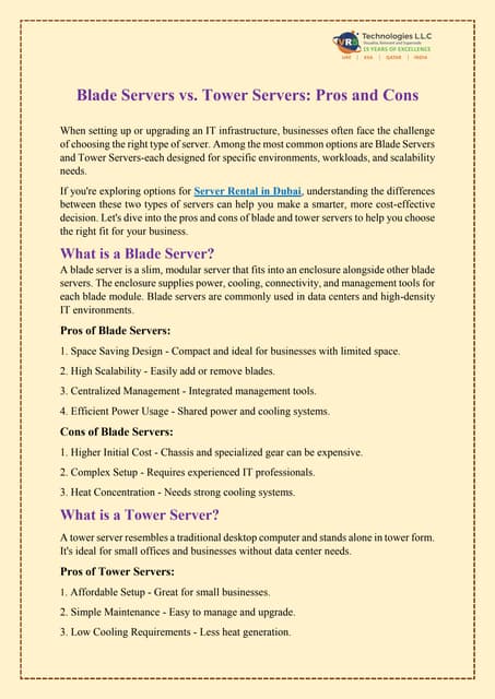 Pros and Cons of Blade Servers vs Tower Servers | PDF