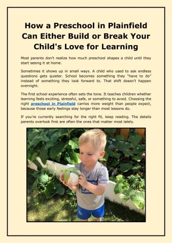 How a Preschool in Plainfield Can Either Build or Break Your Child's Love for Learning