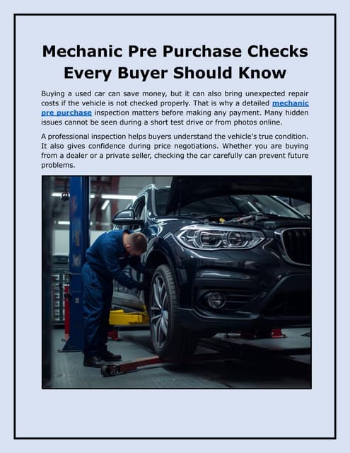 Mechanic Pre Purchase Checks Every Buyer Should Know